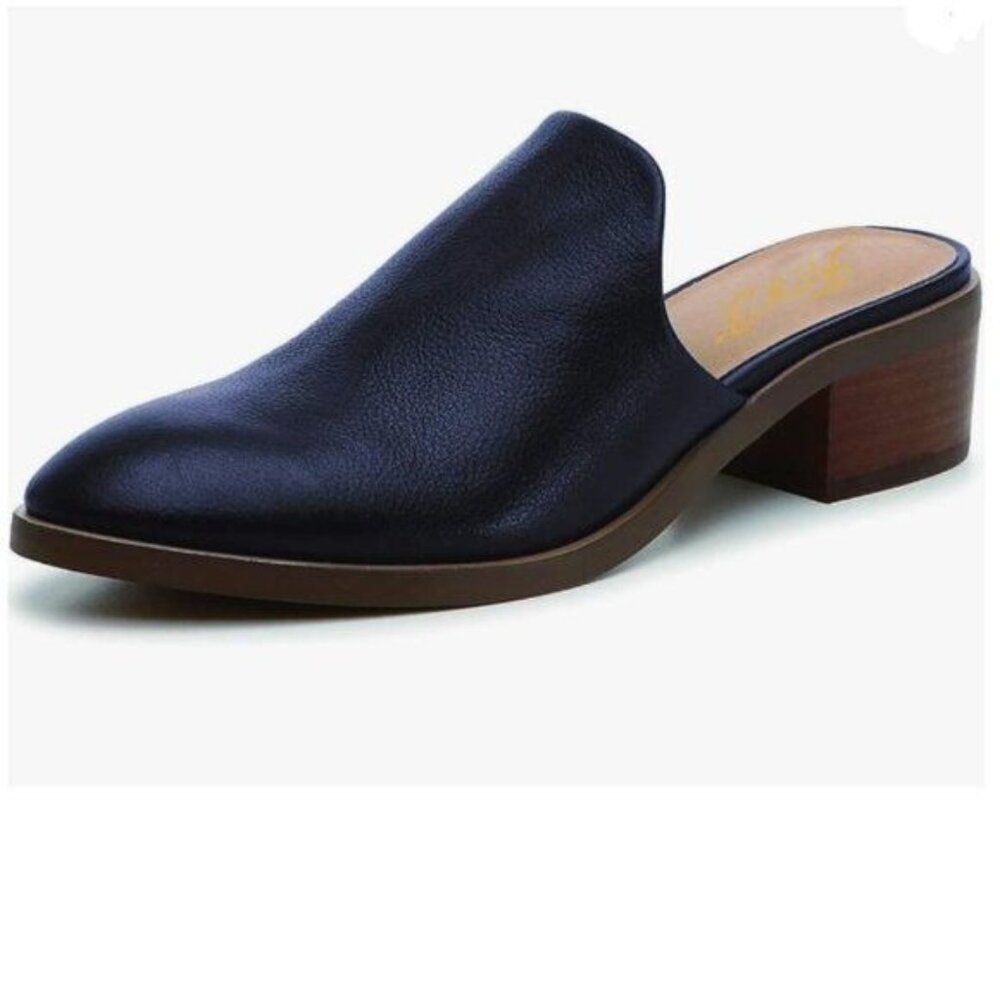 FOWT Dark Blue Closed Toe Mules Slip On Retro Loafer Low Chunky Heel Slippers